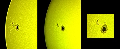 A important sunspot on the Sun by Apr. 9-10, 2016 as that sunspot eventually crossed the whole solar disk (Perl 60mm refractor with a solar filter in sheet at the instrument's aperture, and a Perl Echorius 1.3 Webcam; home observatory)