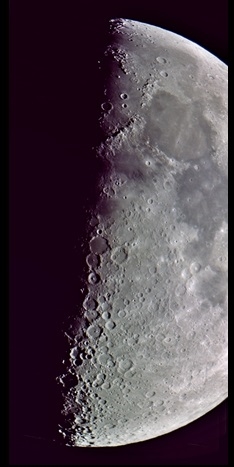 A fine stitched mosaic of three pictures capturing the First Quarter! (Perl 60mm refractor and a Perl Echorius 1.3 Webcam; picture stacked with RegiStax and processed into a image editor; home observatory)
