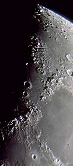 A fine view of Mts Apenninus and MtsCaucasus region, with Vallis Alpes, North one day before First Quarter (Perl 60mm refractor and a Perl Echorius 1.3 Webcam; picture stacked with RegiStax and processed into a image editor; home observatory)