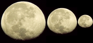 The Moon on September 30th, 2015, 2 days after full using a compact digital camera handheld behind the ocular (three pictures are a variation of the original view) (Nikon S3100 compact digital camera handheld at the 20-mm ocular of a Perl 60mm refractor (yielding a 35x power); picture stacked with RegiStax and processed into a image editor; home observatory)