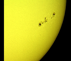 The large sunspot area seen the day before at Sun, is now moving to the limb on September 30th, 2015 (Perl 60mm refractor with a solar filter in sheet at the instrument's aperture, and a Perl Echorius 1.3 Webcam; picture stacked with RegiStax, edited and colorized with a image editor; home observatory)