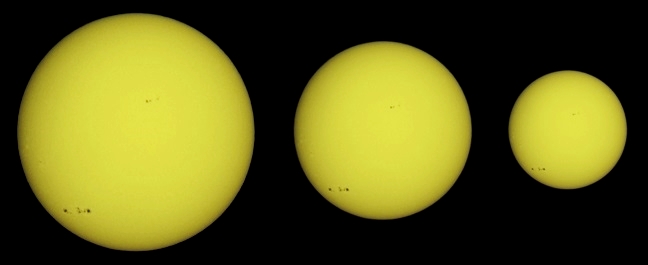 The Sun seen on September 30th, 2015 using a compact digital camera handheld behind the ocular (three pictures are a variation of the original view) (Nikon S3100 compact digital camera handheld at the 20-mm ocular of a Perl 60mm refractor with a solar filter in sheet at the instrument's aperture (yielding a 35x power); picture stacked with RegiStax, edited and colorized with a image editor; home observatory)