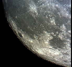 The same region than above as Moon has moved to one day before Full Moon! Beyond the dark plain of Grimaldi, near center left, all a series of craters are seen on the lunar limb (Perl 60mm refractor and a Perl Echorius 1.3 Webcam; home observatory)