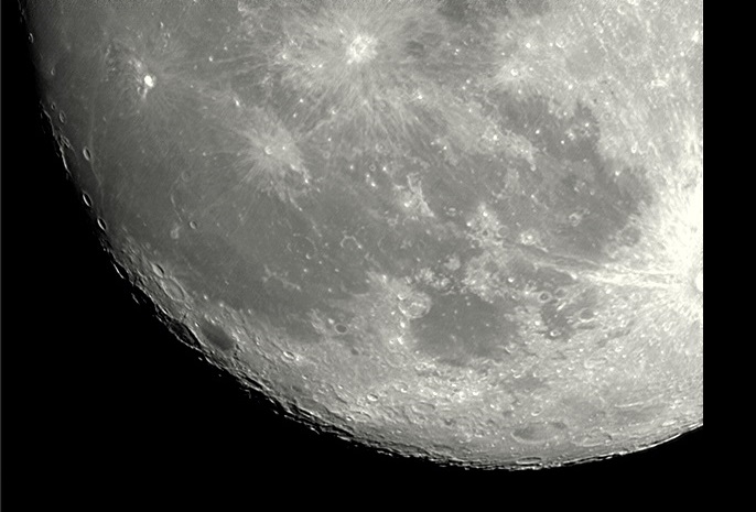 2 days before Full Moon, a good view of craters along the terminator from the half buried Eddington to the area of Cavalerius, Hevelius, and Grimaldi, Riccioli and Rocca. Main lunar rayed craters are also well seen (Perl 60mm refractor and a Perl Echorius 1.3 Webcam; home observatory)