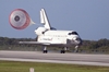 thumbnail to a view of the Space Shuttle STS-132 mission with its drag chute deployed as the spacecraft rolls toward wheels stop on Runway 33 at the Shuttle Landing Facility at NASA's Kennedy Space Center in Florida. Landing was at 8:48 a.m. (EDT) on May 26, 2010 / vignette-lien vers une vue de la navette, parachute dploy, atterrissant sur la piste 33 de la Shuttle Landing Facility du Kennedy Space Center, en Floride le 26 mai  8h 49 heure d't de la cte est amricaine