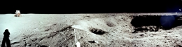 thumbnail to a photograph of the Lunar Module at Tranquility Base taken by Neil Armstrong during the Apollo 11 mission. Darkened tracks lead leftward to the deployment area of the Early Apollo Surface Experiments Package (EASEP) and rightward to the TV camera.This is the furthest distance from the lunar module traveled by either astronaut while on the Moon