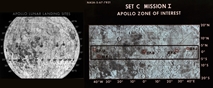 vignette-lien vers une vue d'une carte de la Lune avec les 5 sites d'alunissage retenus par le Apollo Site Selection Board en fvrier 1968 ( gauche) et vue rapproche des sites d'alunissage dans la Apollo Zone of Interest ( droite)