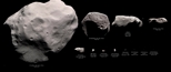 thumbnail to a picture illustrating the variety of asteroids (data in metric units)