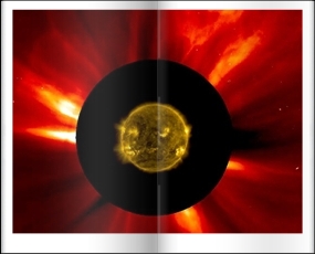 Sun's innermost atmosphere as 
seen by the Solar Dynamics Observatory (SDO) inside a larger image provided by 
the Solar and Heliospheric Observatory (SOHO) is showing how there may be continuity between solar events like between bright, yellow area in the inner view and bright area in the outside one. The coronal mass ejection or CME traveling away from the Sun in the upper right corner however does not correlate with any event in the inner view