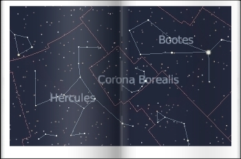 constellations are defined, at the same time, like figures resulting from the closenesses of some stars, and like all the stars enclosed into some boundaries. Constellations seen here are, from left to right, Hercules, the Heroe, Corona Borealis, the Northern Crown, and Bootes, the Herdsman