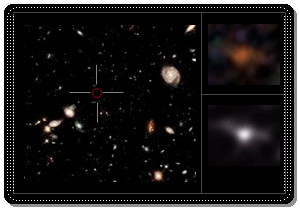 la galaxie UDFj-39546284, la galaxie la plus lointaine jamais observe; le champ gnral de la dcouverte est  gauche (il se trouve  droite de l'image plus haut sur cette page) et deux vues de la galaxie sont  droite
