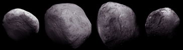 vignette-lien vers 4 vues de la comte Tempel 1 lors du survol par la mission Stardust-NExT le 14 fvrier 2011. Les deux images, au centre, sont celles du plus prs du survol, l'une prise 3 secondes avant, l'autre 3 secondes aprs le plus prs du survol