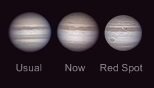 a illustration of the disparition of Jupiter's South Equatorial Band, with a view of the Great Red Spot withouth a band too