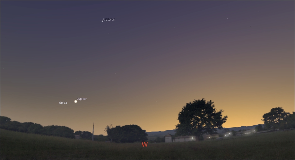 Jupiter is a fine evening star as Spica, the bright star to Virgo, the Virgin, is close!