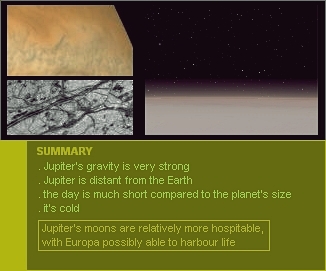 illustrations for Jupiter and its moons, with a summary of the main aspects of the planet and of those
