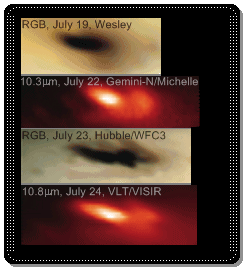 diverses vues dans diffrentes longueurs d'onde montrent les consquences de l'impact  Jupiter du 19 juillet 2009