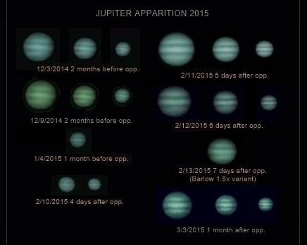 Jupiter apparition 2015; pictures taken before the opposition are showing a little phase as the Great Red Spot is lacking contrast to be easily pictured in a small telescope (Perl 60mm refractor and a Perl Altaos 0.35 Webcam; picture stacked with Iris or RegiStax and edited with a image editor; home observatory. note: the 3/3/2015 picture with a Perl Echorius 1.3 Webcam)