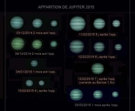 apparition de Jupiter 2015; les images prises avant l'opposition prsentent un peu de phase; la Grande Tache Rouge manque de contraste pour tre facilement accessible  un instrument de petite taille (lunette Perl 60mm et webcam Perl Altaos 0.35; image combine dans Iris ou RegiStax et dite dans un logiciel de traitement d'image; domicile; NB: l'image du 03/03/2015 a t prise avec une webcam Perl Echorius 1.3)