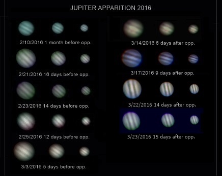 Jupiter apparition 2016; pictures taken on 2/21 and 3/14 are remarkably showing the Great Red Spot as some others are reaching to the best possible with a small refractor (Perl 60mm refractor and a Perl Echorius 1.3 Webcam; home observatory)