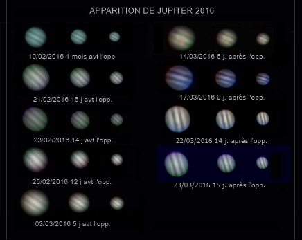 apparition de Jupiter 2016; les images prises le 21/02 et le 14/03, remarquablement, montrent la Grande tache rouge alors que d'autres images atteignent le mieux qu'on puisse atteindre avec une petite lunette astronomique (lunette Perl 60mm et webcam Perl Echorius 1.3; domicile)