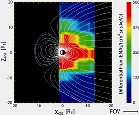A View of Magnetic Field Lines With Bright Red Colors Showing the Densest Part of the Plasma Sheet as Image by the IBEX Mission. A Portion 
of the Plasma Sheet, Right, Might be Pinched Away from a Larger Mass and Forced down the 
Magnetotail, a Other Form of a Plasmoid