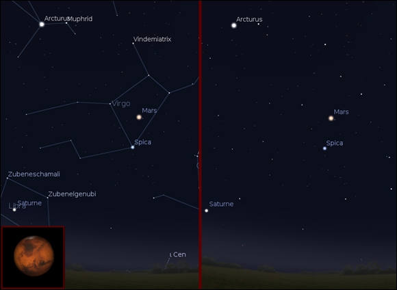 Mars  l'opposition (hmisphre nord), dans la constellation de la Vierge et aspect de Mars au moment mme de l'opposition, le 8 avril 2014. Mare Acidalium, Chryse et Argyre sont dans le champ