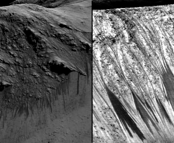 des 'recurring slope lineae' (RSL) -ravines ou 'lignes sur pente rcurrentes- se voient au cratre Horowitz Crater ( gauche) et au cratre Garni Crater ( droite)