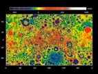 thumbnail to a gravitational map of Moon. Far 
side lies in the center and nearside at either side. Reds correspond to mass excesses which create areas of higher local gravity, and 
blues correspond to mass deficits which create areas of lower local gravity