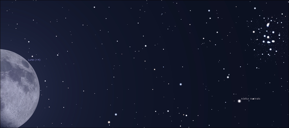 la Lune finement vue prs du clbre amas M44 de la constellation du Cancer!