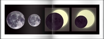 the Moon's apparent diameter today and in 1 to 2 billion years from now (left); a total Sun eclipse today and a eclipse in 1 to 2 billion years (right)