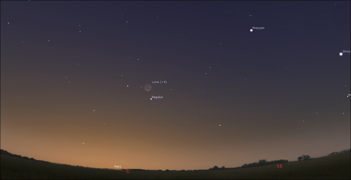 Moon close to Regulus, the bright star to constellation Leo, the Lion by dawn Sep. 27!