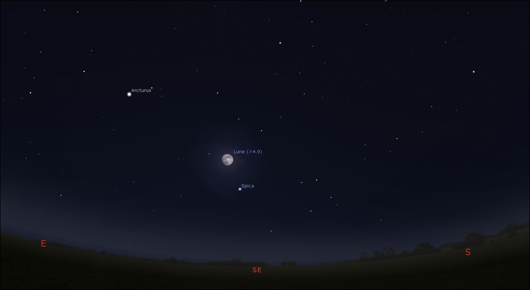 Moon close to full close to Spica, the bright star to constellation Virgo, the Virgin!