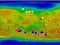 vignette-lien vers une carte des concentrations d'eau sur Mars. Le bleu, aux hautes latitudes nord et sud indique de fortes concentrations d'eau (que l'on dduit de l'hydrogne); l'orange indique de basses concentrations (de l'hydrogne, possiblement sous la forme d'eau sous-jacente est proche de la surface mme aux latitudes moyennes). Les carrs blancs de l'hmisphre nord indiquent les locations de cratres d'impact rcents qui ont excav de l'eau proche de surface (ce qui confirme des donnes spectromtre  neutrons). Les carrs rouges indiquent les emplacements de dpts supposs de chlorite (selon les observations). De tels dpts de sel pourraient rsulter de l'vaporation d'eau sale. Les carrs bleus marquent les emplacements d'vnements sombres qui apparaissent et se dveloppent sur les pentes pendant les saisons chaudes