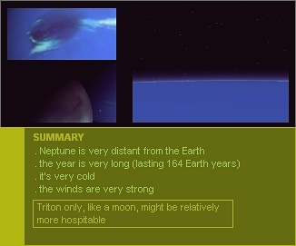 illustrations for Neptune and its moons, with a summary of the main aspects of the planet and of those