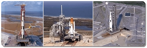 Different views of how launch pads 39 at the KSC were successively configured. From left to right, for the Apollo, Space Shuttle and SLS programs respectively