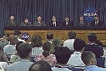 NASA Administrator and Space Shuttle Program managers during the press briefing at KSC following the decision to delay the flight