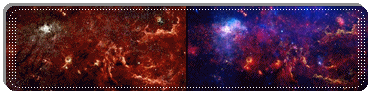 The 300 light-year wide area surrounding Sgr A* at the center of the Milky Way Galaxy seen like a composite image in the near-infrared, infrared and X-rays (right) and in the infrared (left)