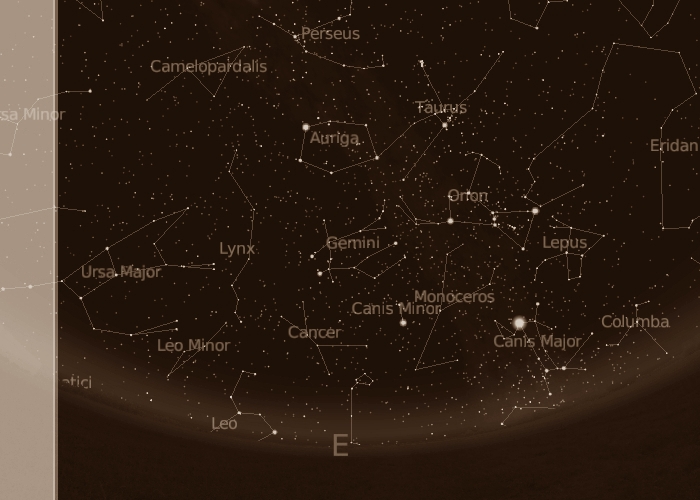 sky in December, mid-northern latitudes, eastern horizon 10:30 p.m. local time
