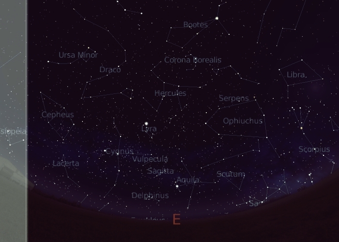 sky in June, mid-northern latitudes, eastern horizon 10:30 p.m. local time