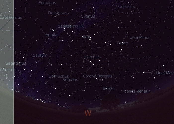 sky in September, mid-northern latitudes, western horizon 10:30 p.m. local time