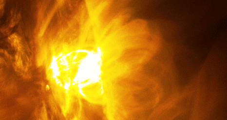 Giant magnetic loops work in concert with the eruption of a solar flare, seen as a bright flash of light