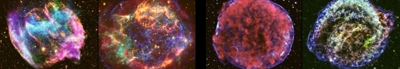 illustration of the core-collapse (both pictures left) and the type Ia (both pictures right) remnants of supernovae