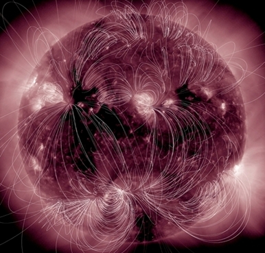 une vue des lignes du champ magntique du Soleil superposes sur une image dans l'extrme ultraviolet