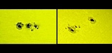 Detailed views of sunspots dotting the Sun on March 12th, and June 25th, 2015 respectively (Perl 60mm refractor with a solar filter in sheet at the instrument's aperture, and a Perl Echorius 1.3 Webcam; picture stacked with RegiStax, edited and colorized with a image editor; home observatory)