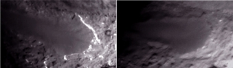 vignette-lien vers des modifications de terrain entre le passage de la mission Deep Impact en 2005 et celui de la mission Stardust-NExT en 2011. Le terrain plat a une altitude plus leve que le terrain textur. Les falaises ont recul. On voit aussi d'autres changements