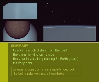 illustrations for Uranus and its moons, with a summary of the main aspects of the planet and of those